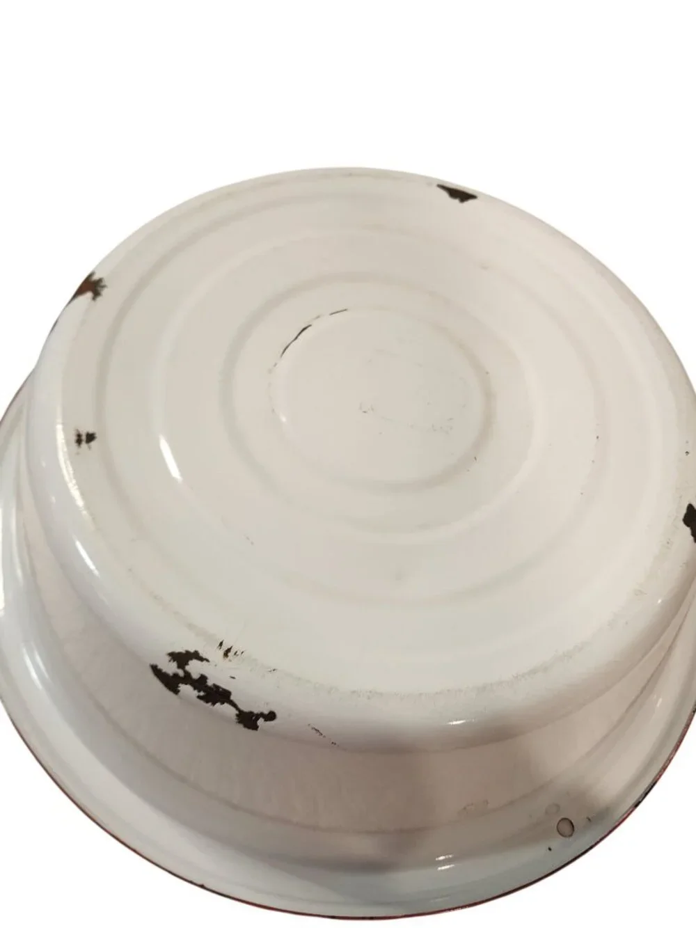 Vintage Enamel Ware bowl white red trim chipped